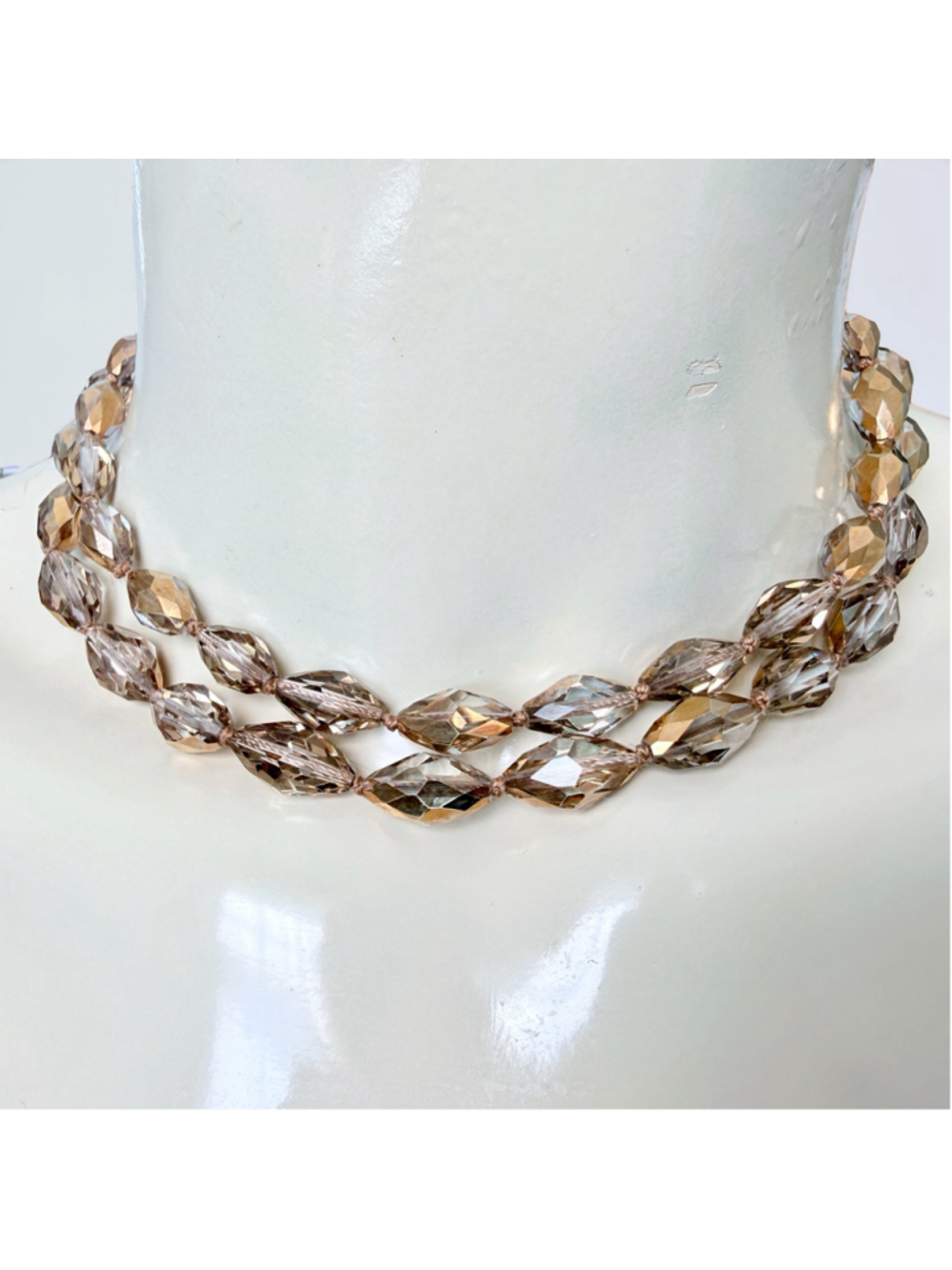Vintage Austrian Crystal Necklace, Smoky Topaz Gold Metallic Faceted Beads